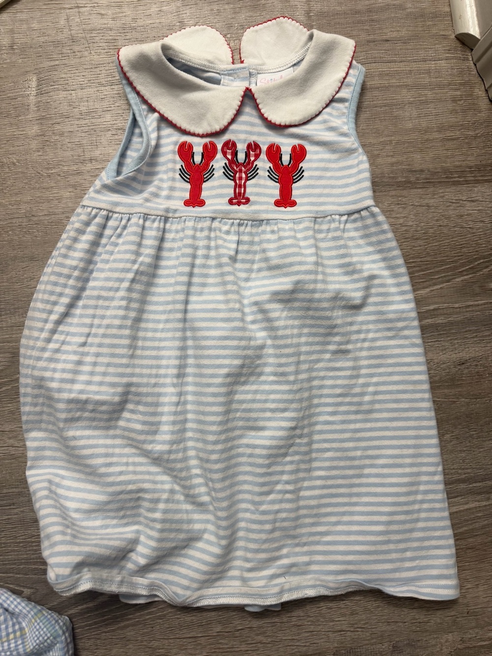 Light Blue &White Striped Kids dress w/ Red Lobster Appliqués & Peter Pan collar